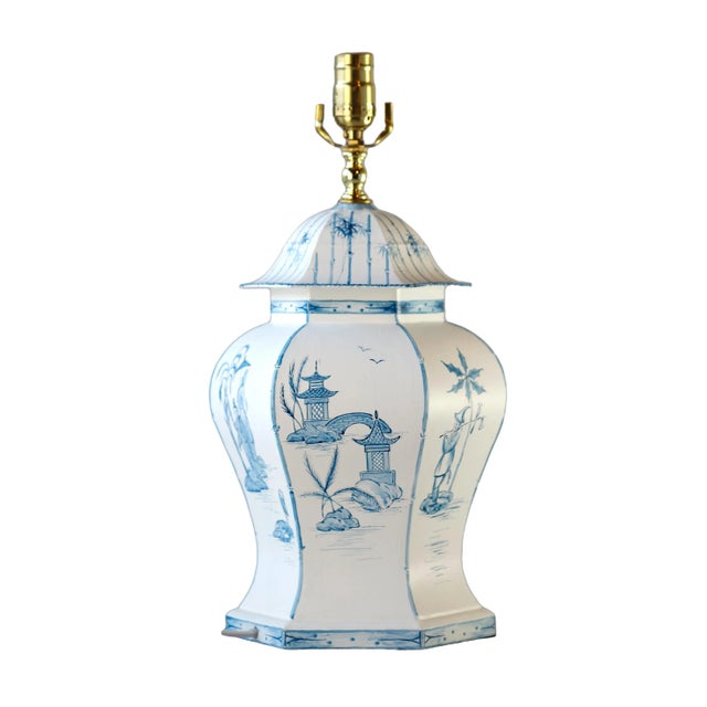 Chinoiserie Pair Vintage Chinoiserie 6 Sided Blue and White Painted Tole Temple Jar Lamp For Sale - Image 3 of 8