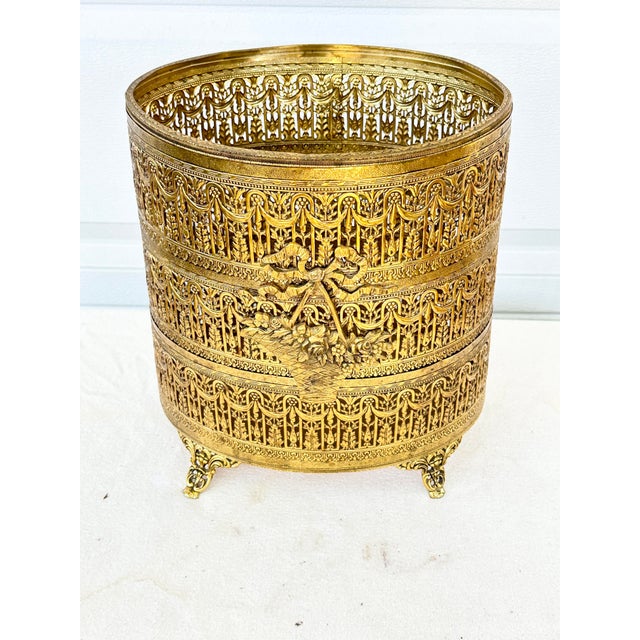 Mid-Century Modern Vintage Hollywood Regency Gold Ormolu Filigree Pierced Waste Basket With Claw Feet For Sale - Image 3 of 9