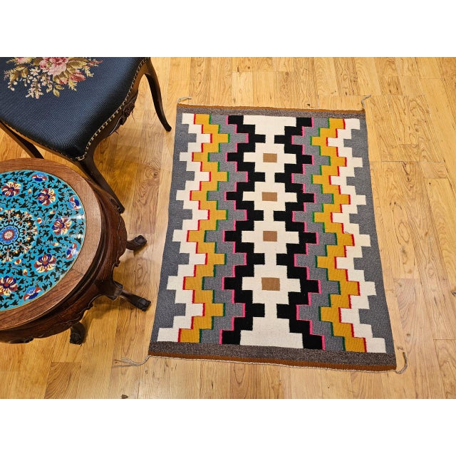 American Vintage Navajo Rug, Eye Dazzler Pattern, Wool & Cotton, Native American Wall Art, 3x4 For Sale - Image 3 of 12