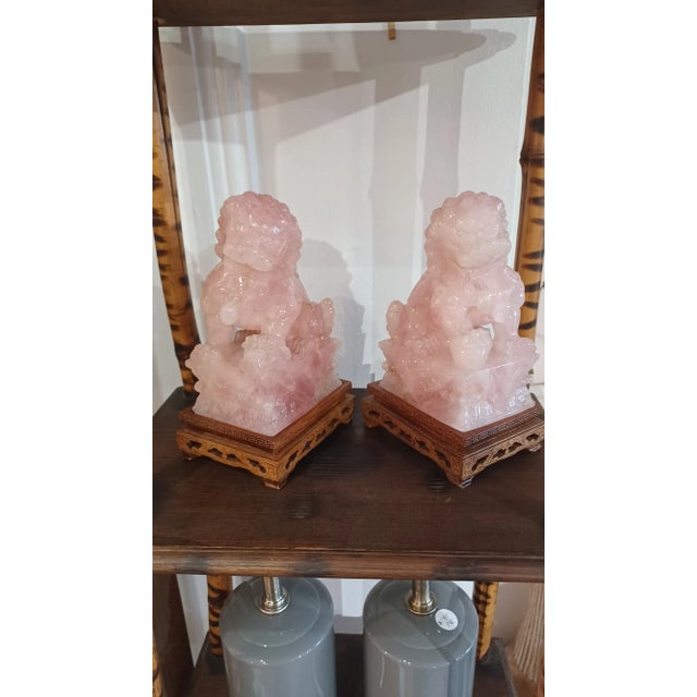 Mid 20th Century Vintage Pair of Rose Quartz Foo Dogs on Wooden Stand For Sale - Image 5 of 5
