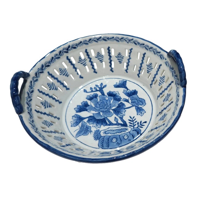 Vintage Blue and White Ironstone Waxed Basket For Sale