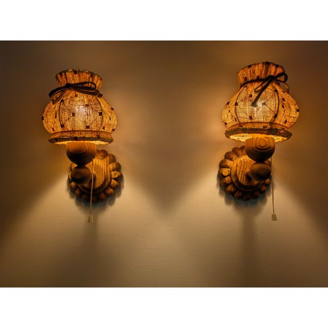 1970s Swedish Carved Pine Wall Sconces with Jute Shades, 1970s, Set of 2 For Sale - Image 5 of 16