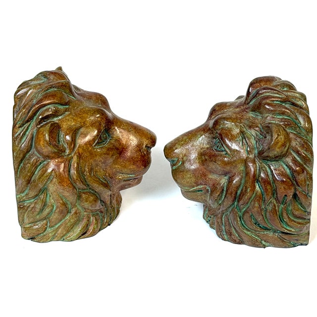 Pair of Regal Bronze Lion Head Bookends with Verdigris Patinated Highlights For Sale In West Palm - Image 6 of 11