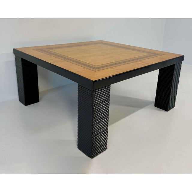 1980s Coffee Table in Ash Burl, Wood Inlay and Black Lacquer, 1980s For Sale - Image 5 of 15