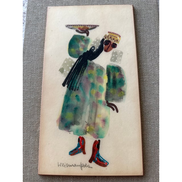 Folk Art Pola Weizman Israeli Art Painting - Signed Kibbutz Ma'ayan Tzvi Folk Modern Figure - Vintage Handmade Mixed Media on Paper - 13.5 × 8 In For Sale - Image 3 of 6