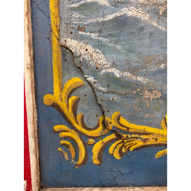 Blue 1940s English Merry-Go-Round Center Panel – Large Scale Nautical Oil Painting on Masonite For Sale - Image 8 of 9
