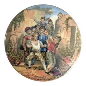 Antique Prattware Pot Lid "The Wolf and the Lamb"