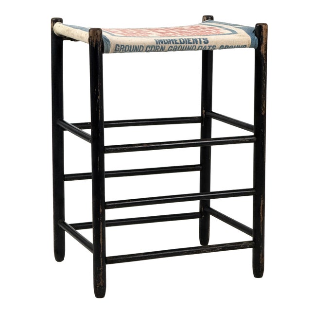 Vintage 1940s Primitive Wooden Stool W/ Black Painted Frame & Premier Egg Mash Feed Sack Seat - 25.5" Tall For Sale - Image 10 of 17