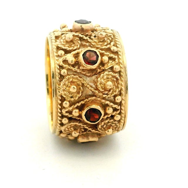 Vintage 1970s Etruscan Revival 14k Gold Ruby Wide Band Ring, Size 7.5 For Sale - Image 9 of 10