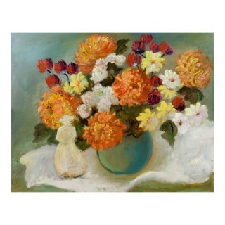 Mid 20th Century Impressionist Still Life With Orange Flowers Painting For Sale