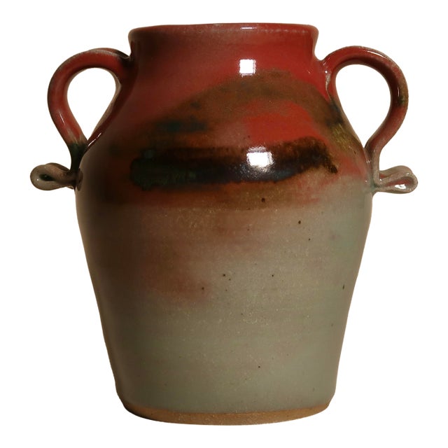 Handmade Double-Handled Studio Pottery Vase With Red & Celadon Glaze Gradient For Sale