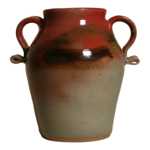 Handmade Double-Handled Studio Pottery Vase With Red & Celadon Glaze Gradient