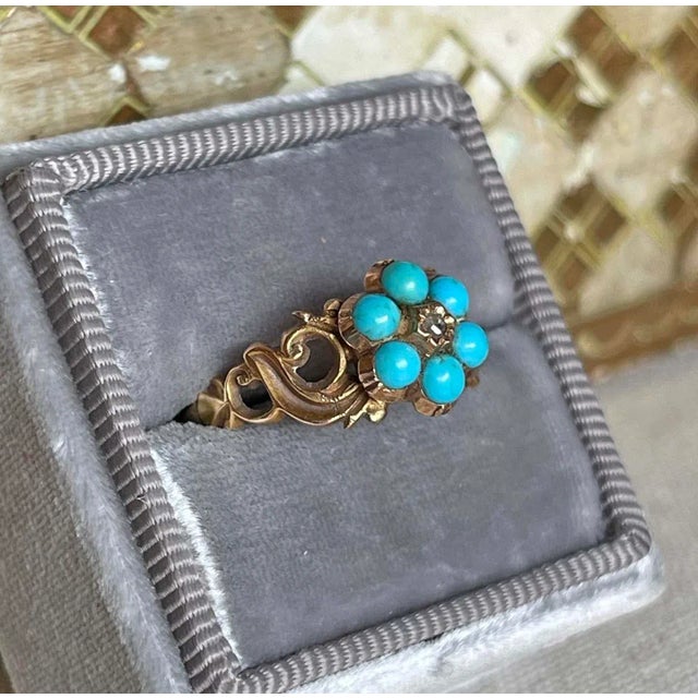 Late 19th Century Victorian Turquoise Diamond Forget-Me-Not Ring Locket Back 15k Size 6.5 For Sale - Image 4 of 11