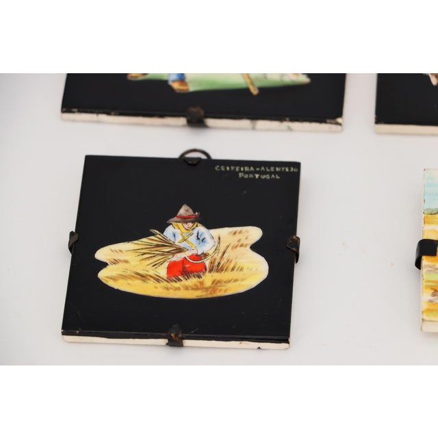 Black 1950s Portuguese Set of Five Small Tiles Depicting People From Alentejo Province For Sale - Image 8 of 12