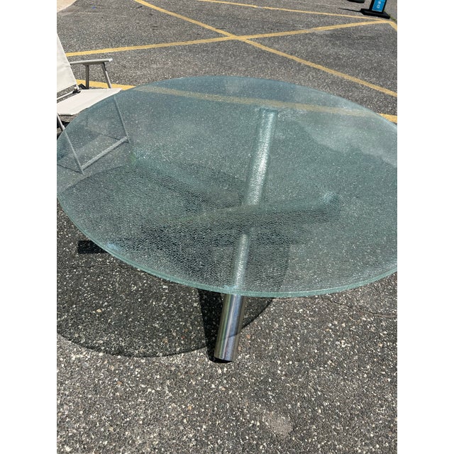 Fabulous modern tripod “Jax” pedestal dining table with 5 foot crackle top. In the style of Milo Baughman.