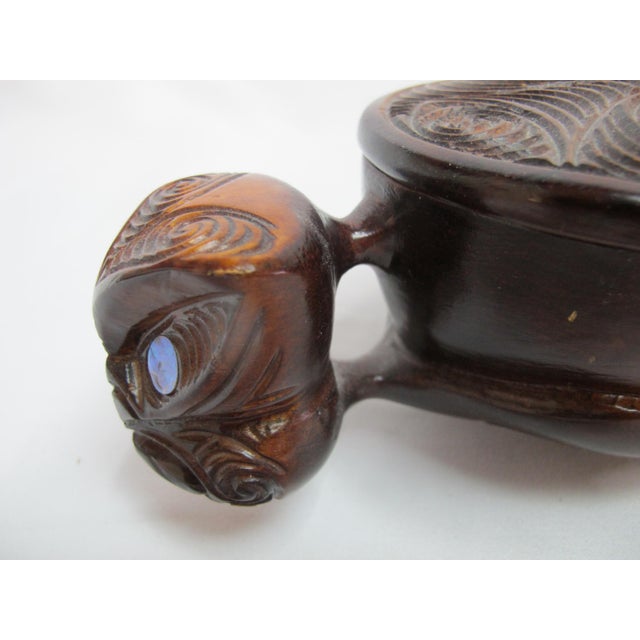 Brown Maori New Zealand Carved Wood Oval Lidded Treasure Box With Abalone Shell For Sale - Image 8 of 13