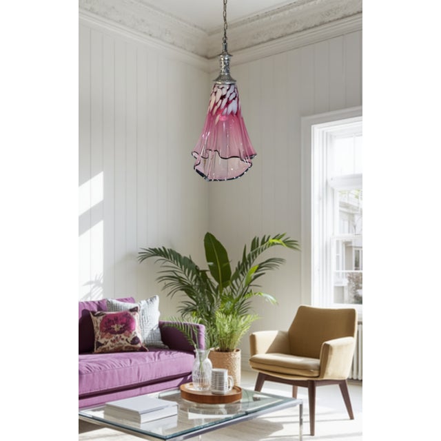 Murano Large Fazzoletto Art Glass Raspberry Pink White Oval Pattern Pendant Light Signed For Sale - Image 4 of 18