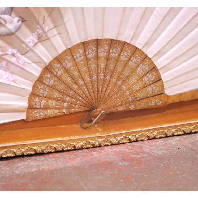 19th Century French Hand-Painted Silk Fan With Carved Wood Sticks in Frame For Sale - Image 4 of 7