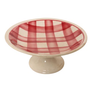 Vintage French Modern Raspberry Tartan Plaid Pedestal Cake Stand by Faïencerie Givors For Sale