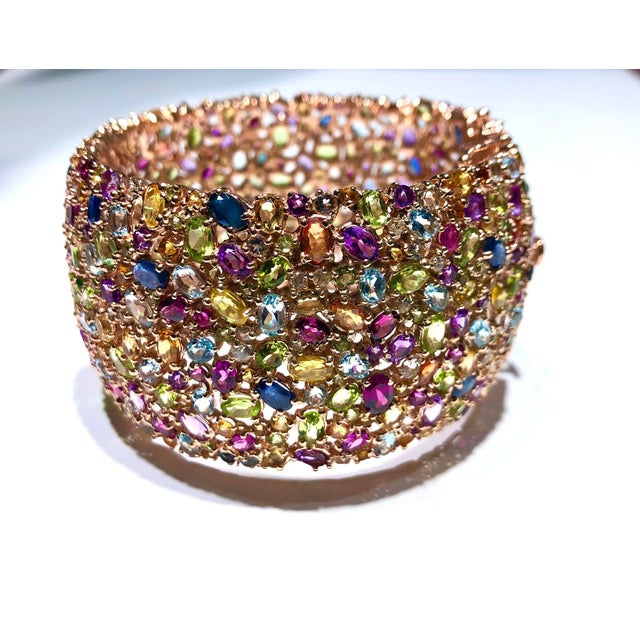 Bochic “Capri” Vintage Sapphire & Multi Gem Bangle Set In 18K Gold & Silver For Sale - Image 11 of 16