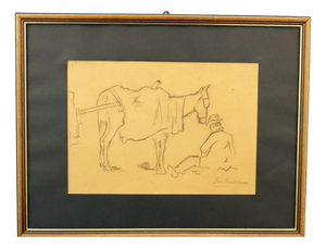 Giovanni Bartolena, Man with Horse and Cart, 1800s, Pencil on Paper, Framed