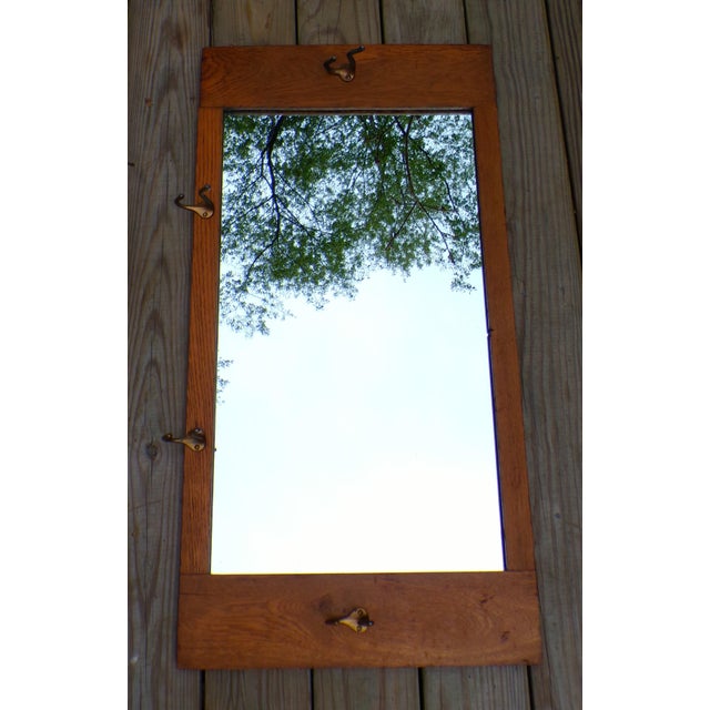 Mission Arts & Crafts Solid Oak Framed Entry Mirror Hat Coat Rack For Sale - Image 11 of 13
