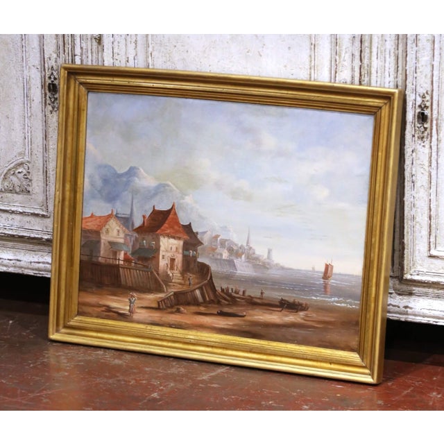 This atmospheric antique marine painting captures the timeless charm of a bustling harbor along the French coast. Crafted...