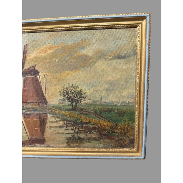 Brown Vintage Country Landscape Windmill Oil Painting on Artists Board For Sale - Image 8 of 10