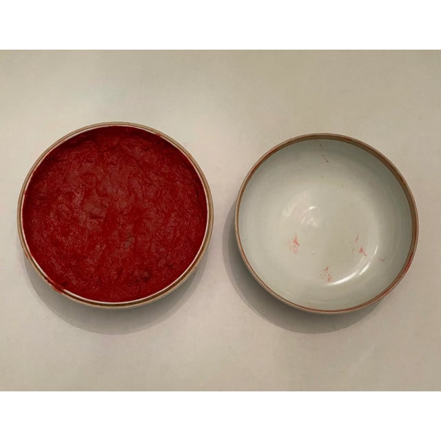 Early 20th century Chinese porcelain wax stamp box with double dragons encircling a center flaming pearl. Fantastic color...