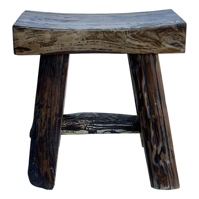 Rustic Raw Rough Wood Grain Rectangle Slim Stool Bench Side Table For Sale
