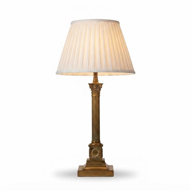 Brass Corinthian Column Table Lamp with Pleated Shade, 1930s For Sale - Image 13 of 13