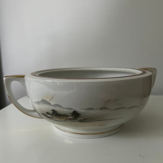 Vintage Kutani Hand-Painted Mount Fuji Porcelain Bowl With Handles For Sale - Image 4 of 9
