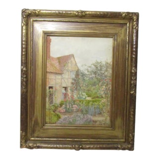 English Cottage Garden Scene Watercolor Signed Tom Hunn For Sale