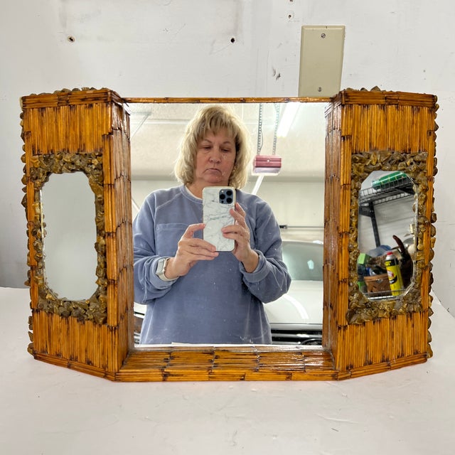 Vintage one of a kind folk tramp art tabletop, dresser, mantle triple mirror. Handmade of matchsticks and embellished with...