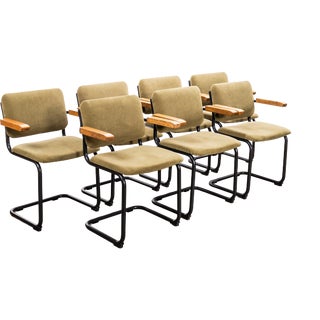 Vintage Cantilever Peninsular Blue Frame Dining Chairs with Sage Green Upholstery, 1970s, Set of 7 For Sale
