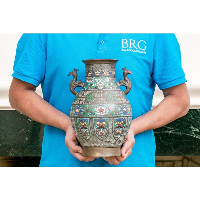 Antique Japanese Enamel-Over-Bronze Cloisonné Vase With Peacock Handles For Sale - Image 4 of 7