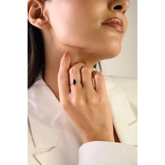 Ink Blue Vintage 14k Gold Deep Blue Sapphire & Diamond Navette Ring Size 5 For Sale - Image 8 of 13
