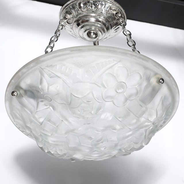 Art Deco Frosted Glass Floral Cubist Chandelier W/ Chrome Fittings Signed Degué For Sale - Image 18 of 18