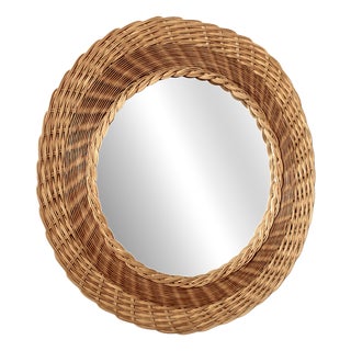 Mid-Century Modern French Round Rattan Mirror, 1950s For Sale