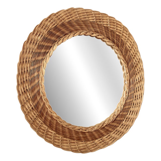 Mid-Century Modern French Round Rattan Mirror, 1950s For Sale