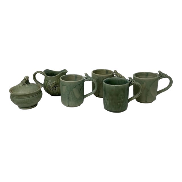 Studio Pottery 4 Green Frog Mugs, Sugar Bowl and Creamer. For Sale