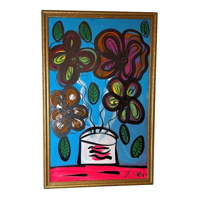 1970s Peter Keil Flowers Abstract Painting ~ Framed For Sale