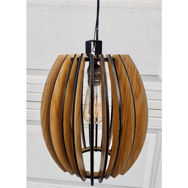 Mid-Century Modern Wood Panel Pendant Lights- Set of 3 For Sale - Image 3 of 11