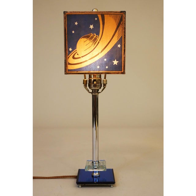 Rarest Chicago 1933 Worlds Fair "Saturn" Logo Streamline Art Deco Chrome Cobalt Glass Table "Hall of Science" Lamp Sublime Condition! For Sale - Image 9 of 16
