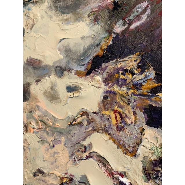 Textural abstracted figures on dark background, contemporary maximalist interiors.