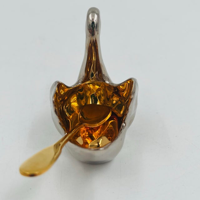 Vintage Limoges Silver/Platinum and Gold Plated Porcelain Swan Salt Cellar With Gold Plated Spoon For Sale In New York - Image 6 of 12