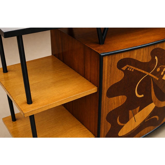 Brazilian Modern Bar in Imbuia, Roxinho and Pau Marfim With Party Motif Marquetry, Brazil, 1950s For Sale - Image 9 of 18