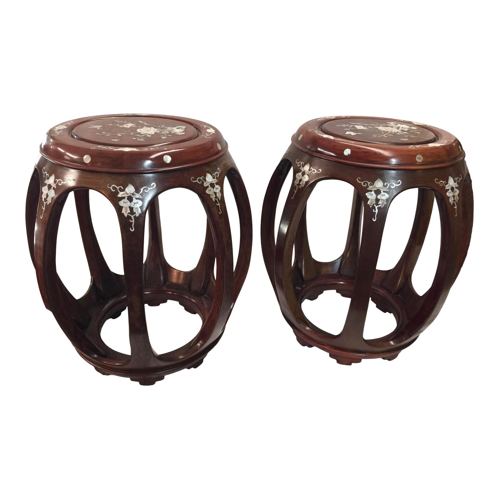 Pair of Inlaid Chinese Rosewood Drum Stools Mother of Pearl Chairish