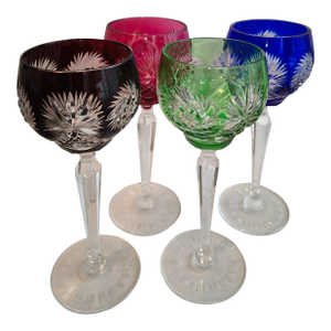 Late 20th Century 4 Nachtman Cut to Clear Colored Crystal Goblets