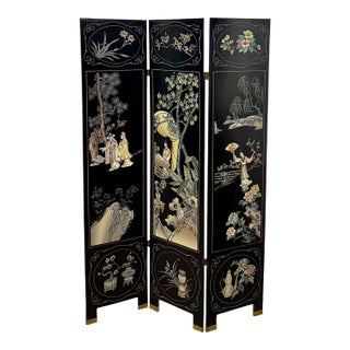Vintage Chinoiserie Style Black Lacquer Three Panel Screen / Room Divider For Sale